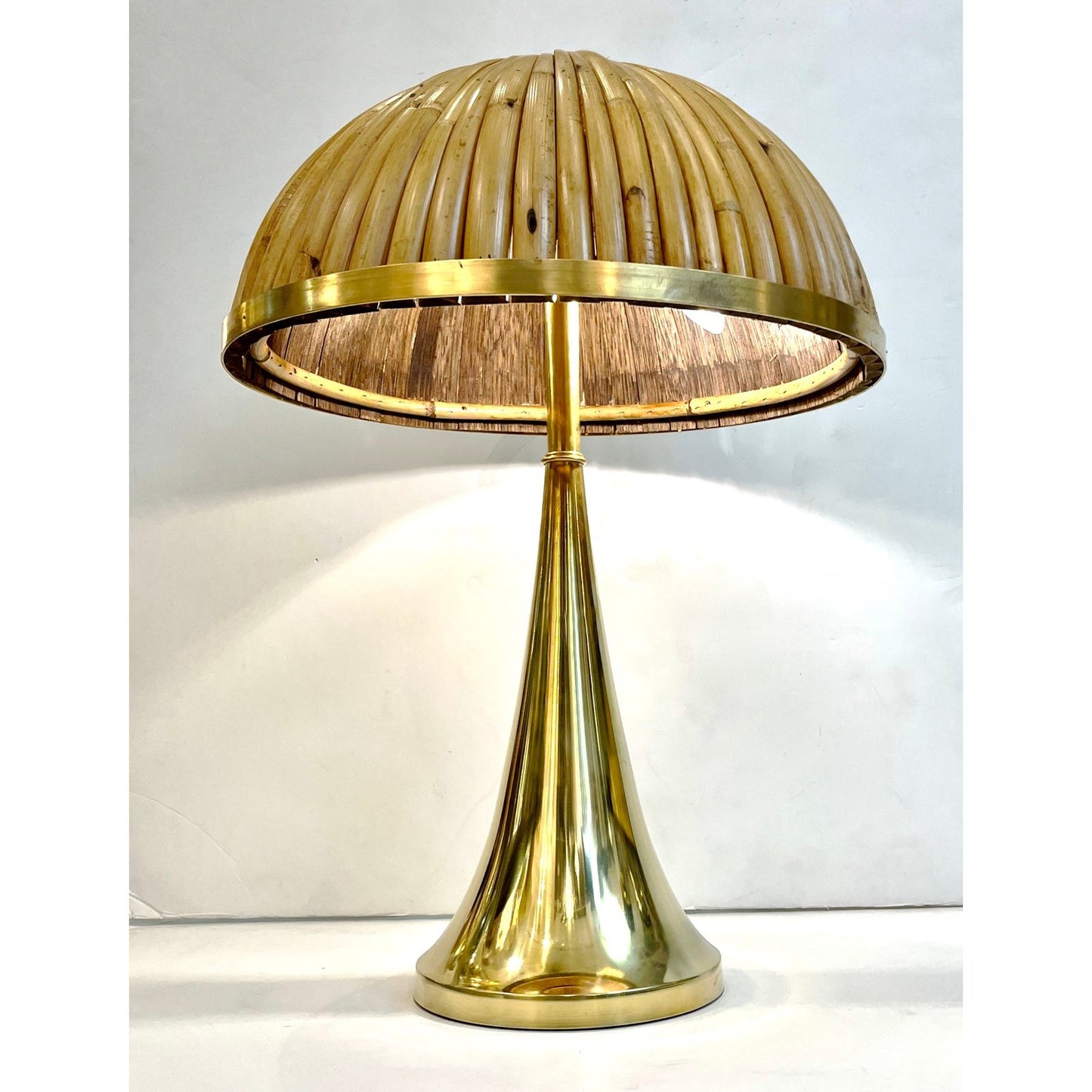 Italian Organic Modern Contemporary Pair Tall Brass & Rattan Sleek Table Lamps
