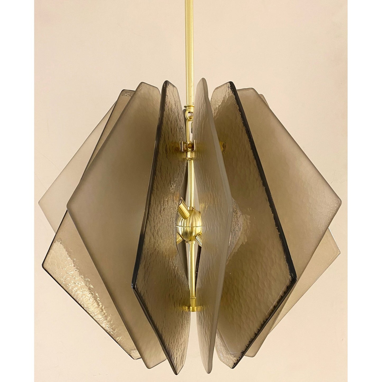 Contemporary Italian Taupe Textured Murano Glass Satin Brass Pendant/Chandelier