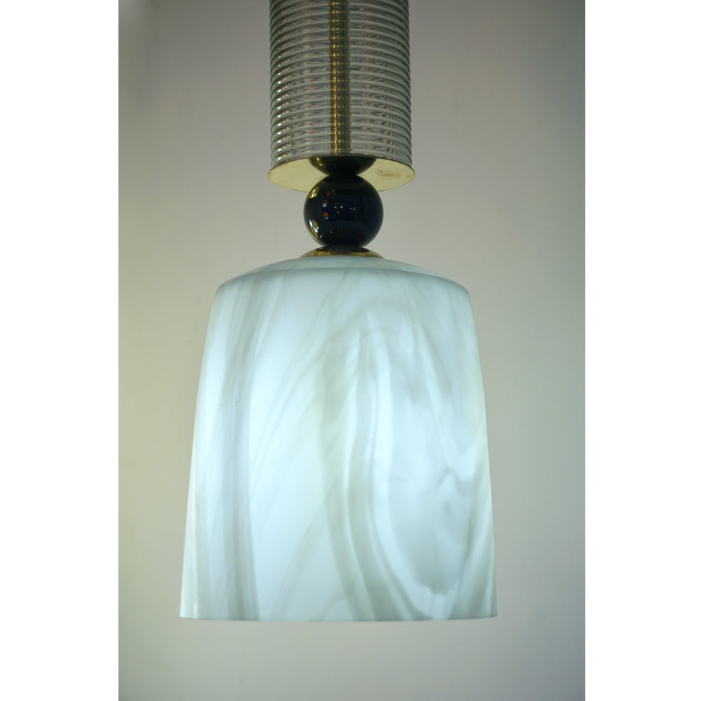 Contemporary Modern Crystal Black and Alabaster Murano Glass Brass Pendant Light