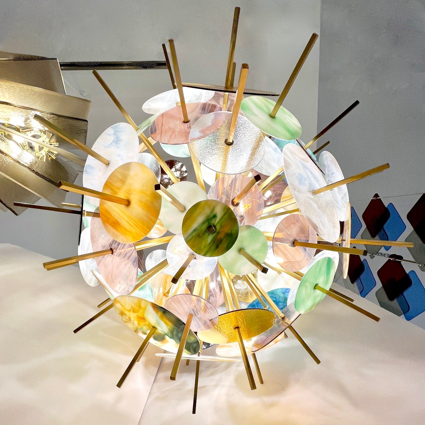 Italian Contemporary Brass & Pastel Murano Glass Sputnik Round Sphere Chandelier