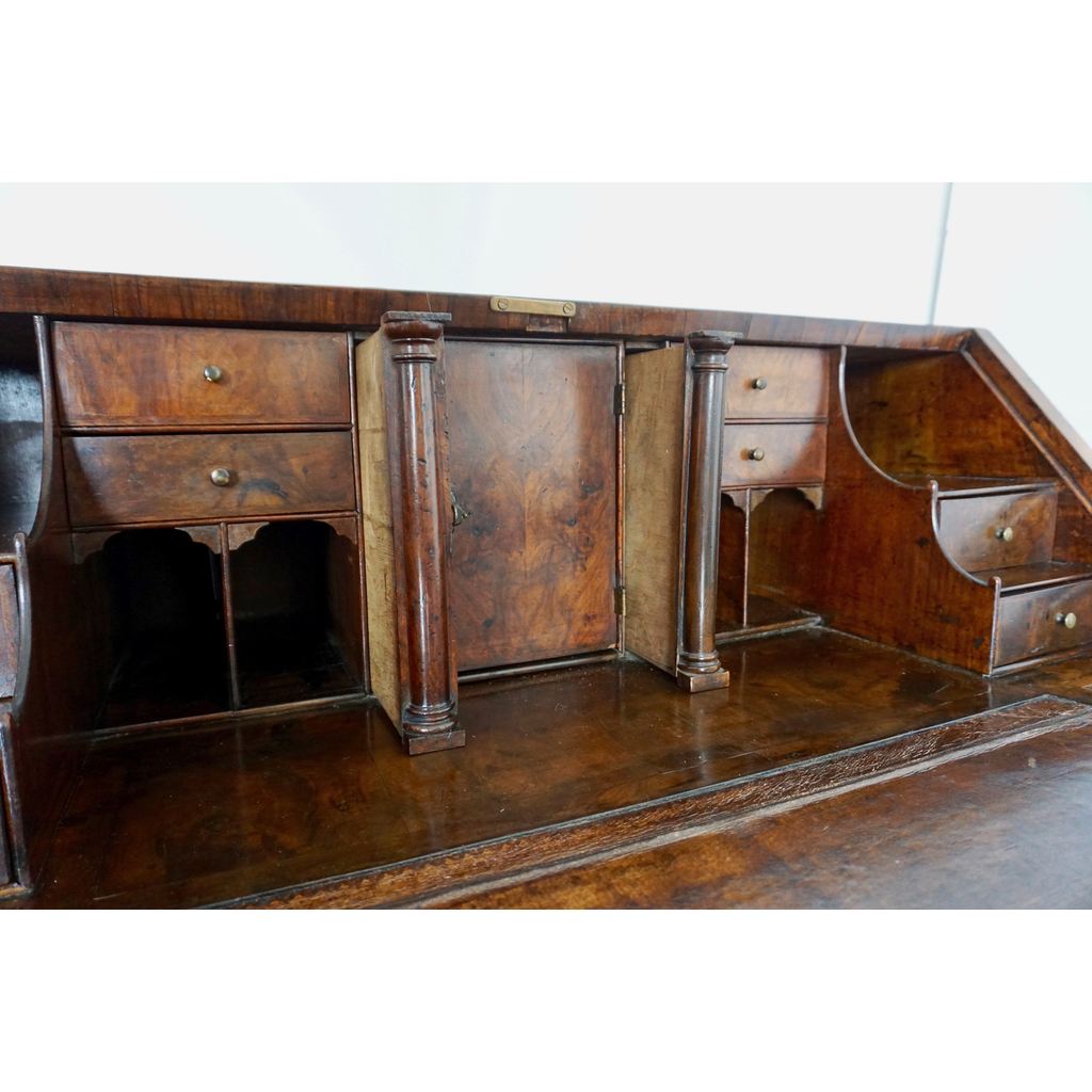 Early 18th Century English Walnut Veneered Stepped Interior Georgian Bureau Desk