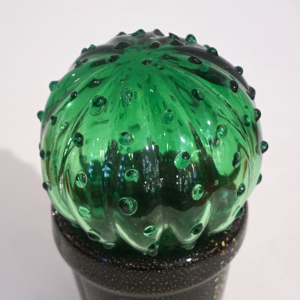1990s Vintage Italian Green Murano Glass Small Cactus Plant in Black & Gold Pot