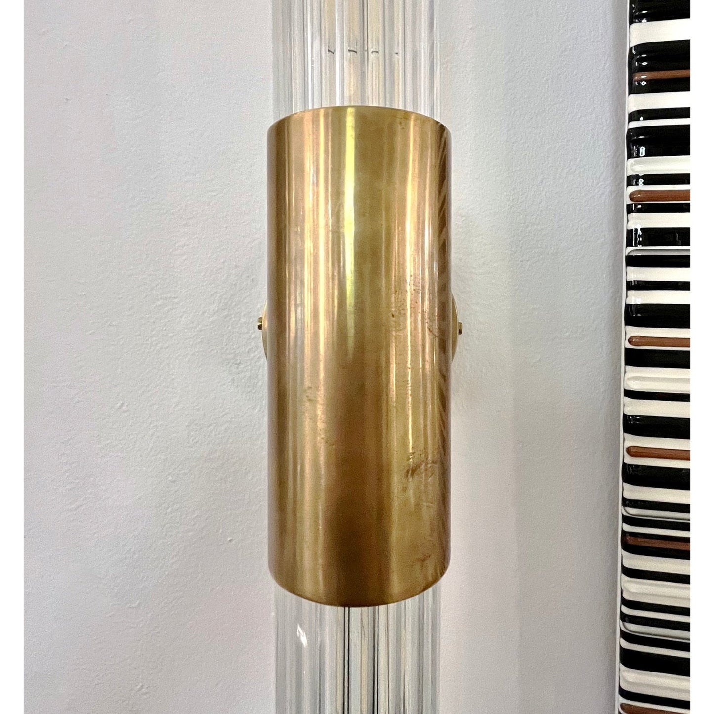 1980s Italian Art Deco Style Pair of Reeded Crystal Glass Brass Tubular Sconces