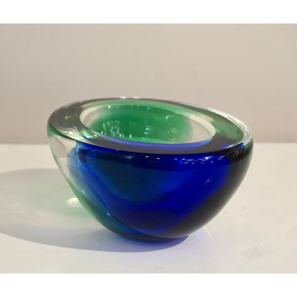 Venini 1970s Italian Murano Glass Geometric Oval Blue Green Murano Glass Bowl