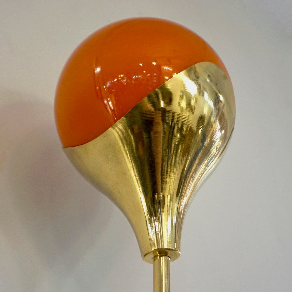 Contemporary Italian Pair of Two Globe White Orange Murano Glass Brass Sconces