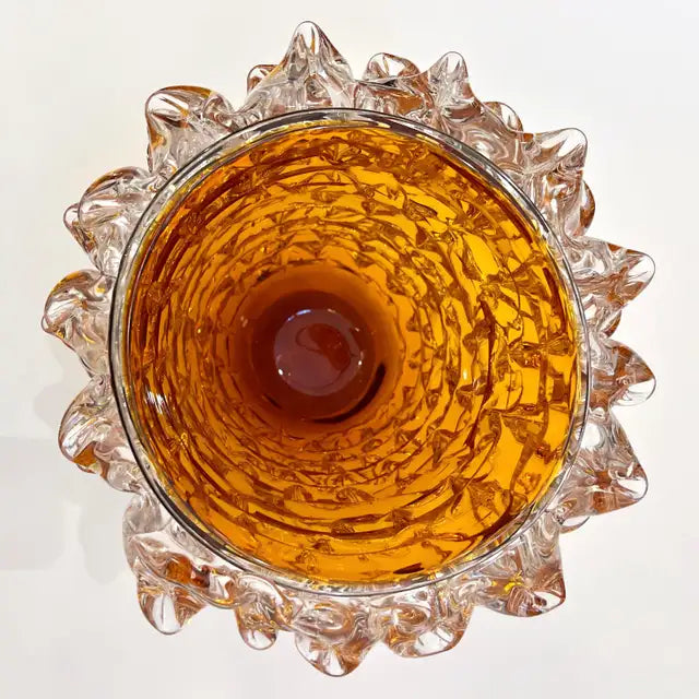 2000s Alberto Dona Italian Amber Gold Crystal Rostrato Murano Glass Modern Vase
