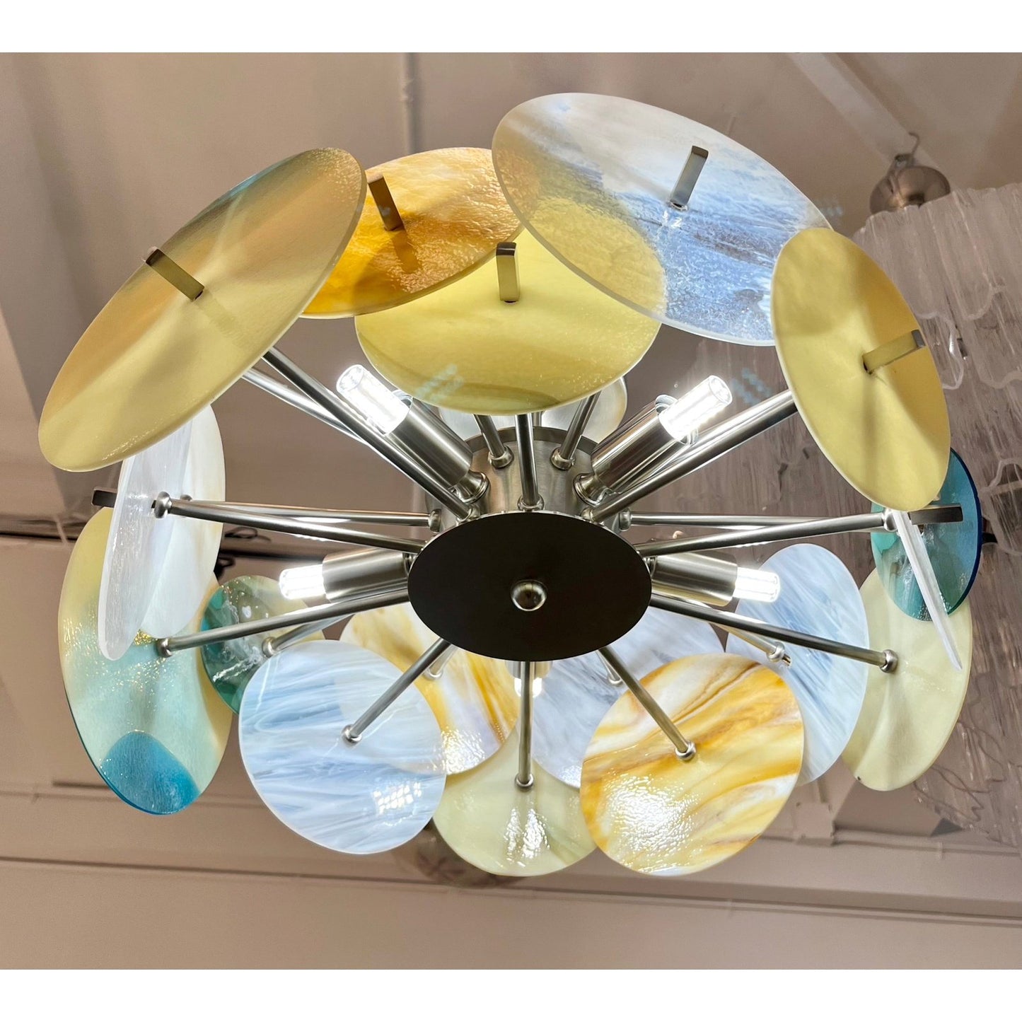 Italian Yellow White Blue Pastel Murano Glass Nickel Circular Sputnik Chandelier
