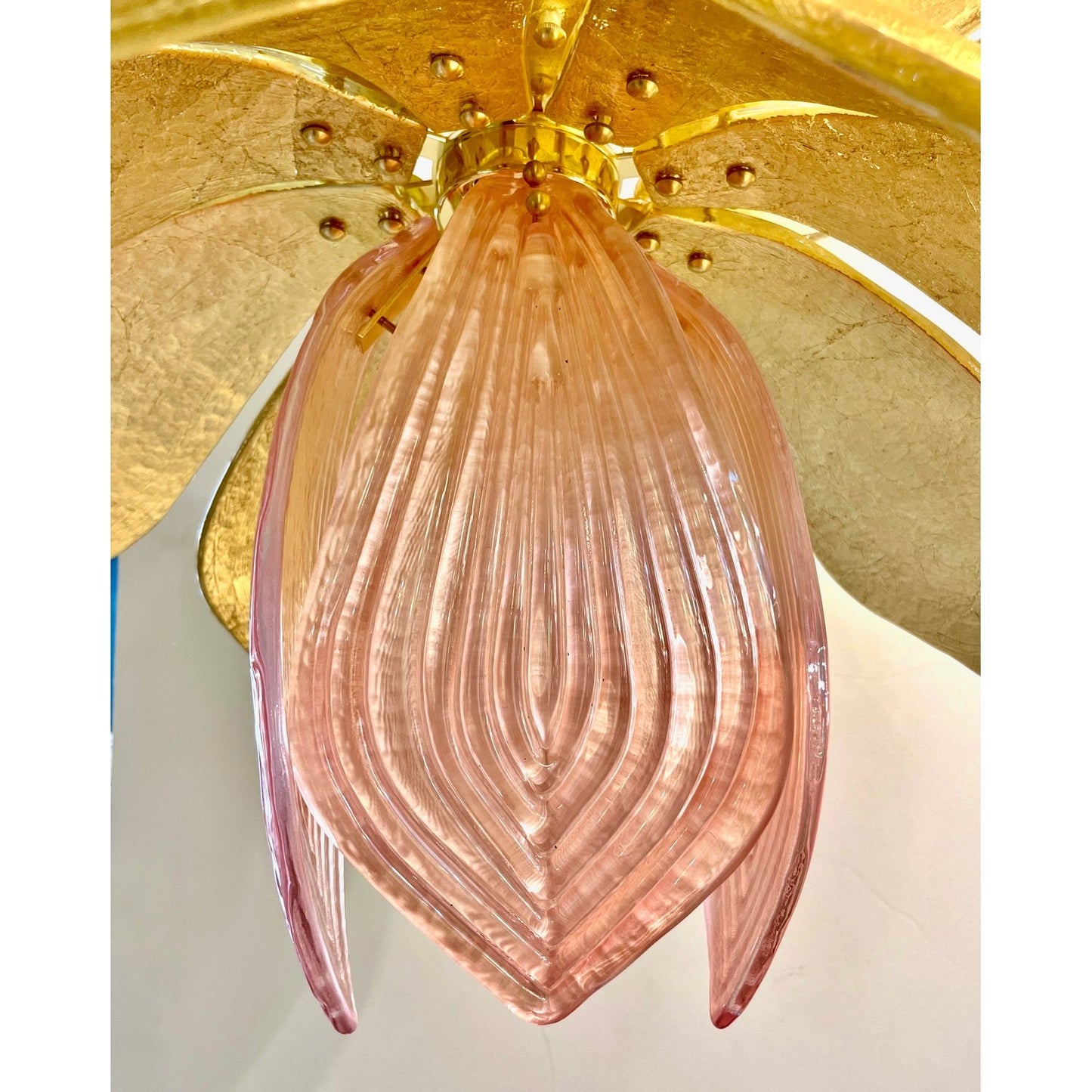 Contemporary Italian Brass Pink Gold Leaf Murano Glass Flower Chandelier Pendant