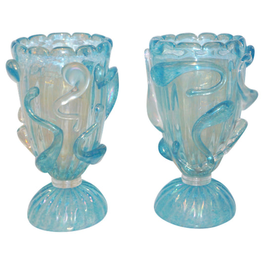 1970 Italian Modern Pair of Vintage Aquamarine Sea Blue Murano Glass Table Lamps