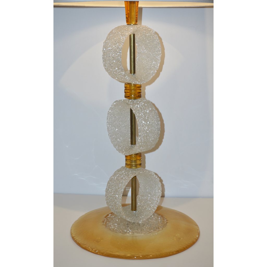 Italian 1970s Vintage Curved Pair of Brass & White Amber Gold Murano Glass Lamps