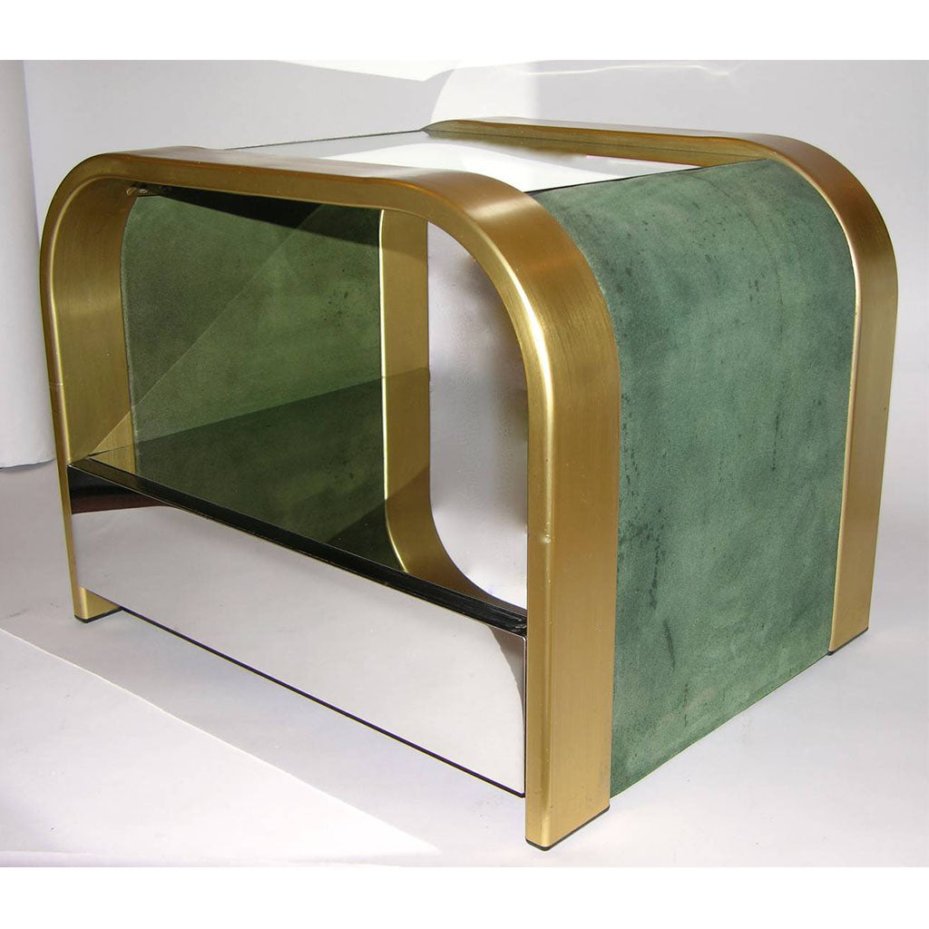 Romeo Rega 1970s Brass and Chrome Open Side Tables with Green Velvet Sides