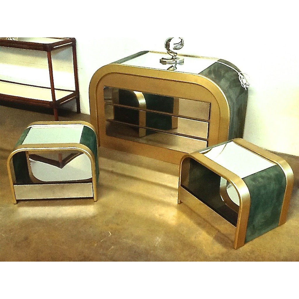 Romeo Rega 1970s Brass and Chrome Open Side Tables with Green Velvet Sides