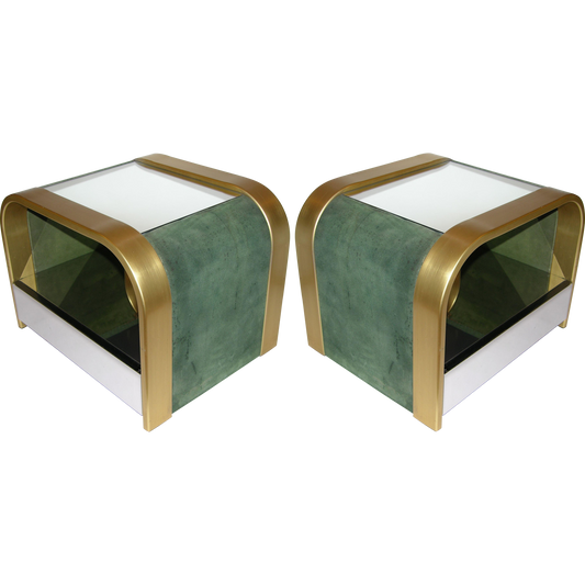 Romeo Rega 1970s Brass and Chrome Open Side Tables with Green Velvet Sides - Cosulich Interiors & Antiques