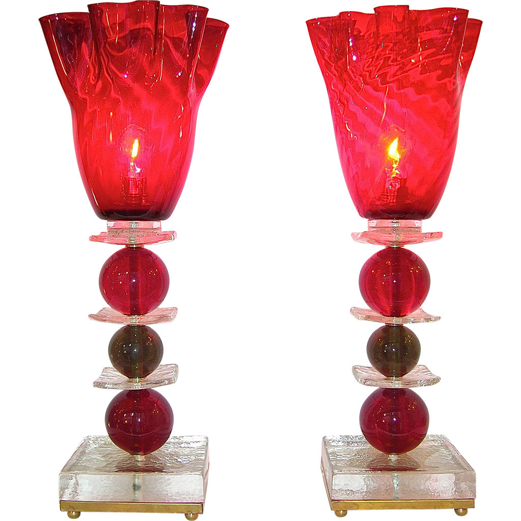 1970s Italian Pair of Red Murano Glass Lamps