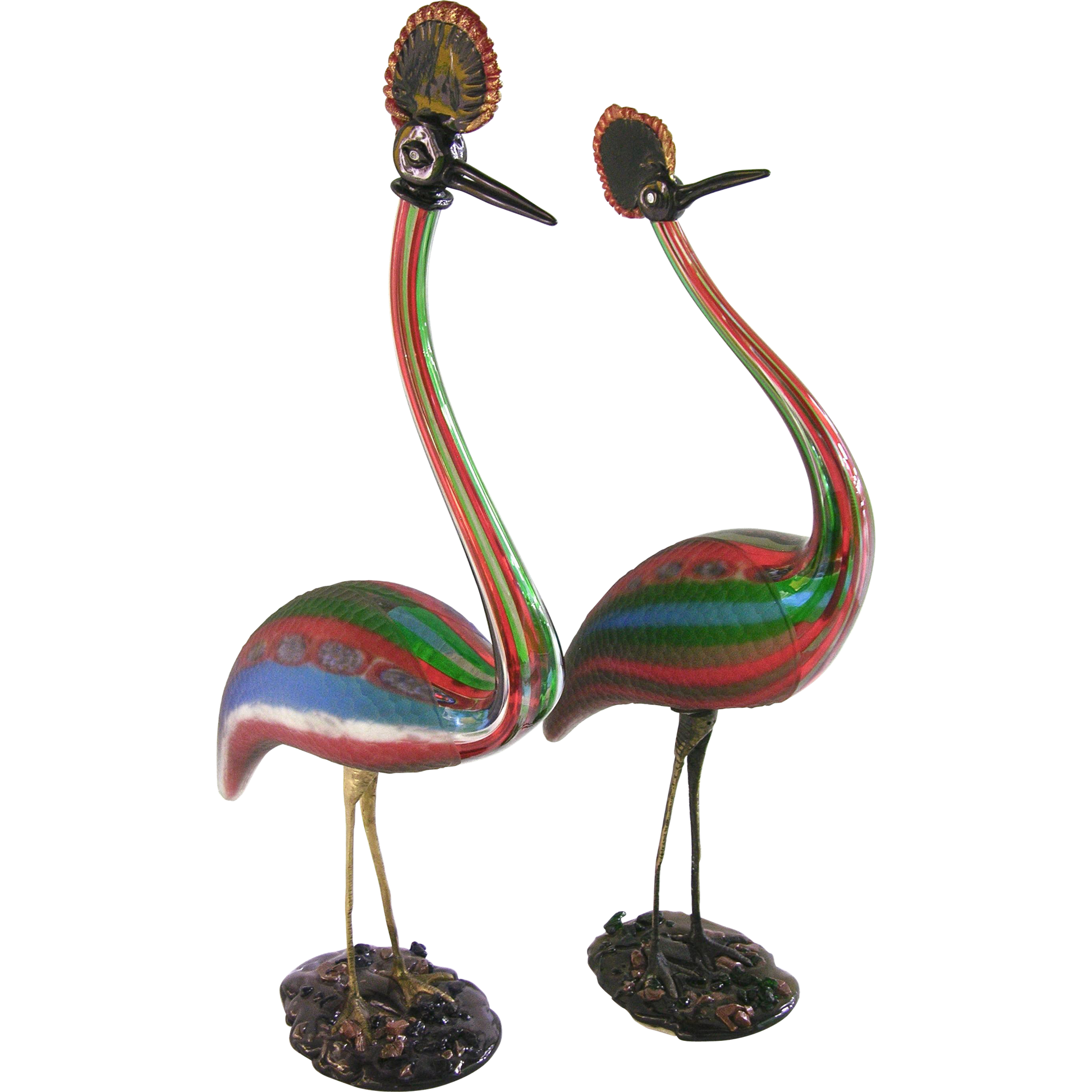 Vintage Italian Tall Pair of Jewel-Like Red Blue Green White Glass Crested Birds - Cosulich Interiors & Antiques