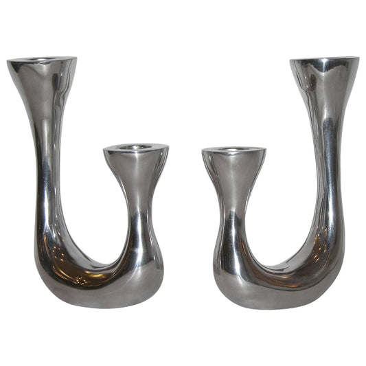 1970s Vintage Italian Pair of Polished Cast Aluminum Modern Candlesticks - Cosulich Interiors & Antiques