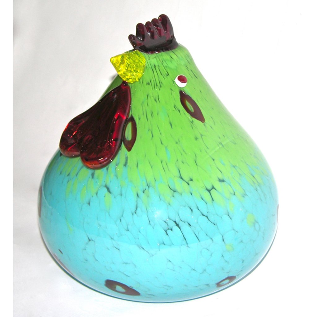 1980s Italian Turquoise Blue and Green Murano Glass Round Rooster Sculpture