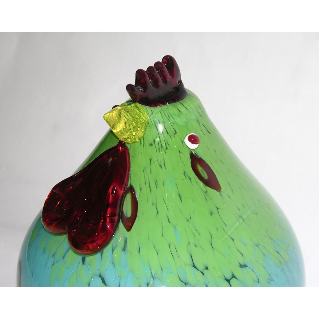 1980s Italian Turquoise Blue and Green Murano Glass Round Rooster Sculpture