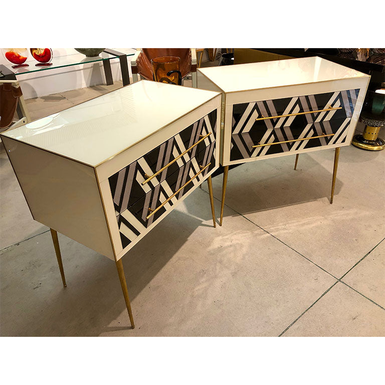 1990 Italian Graphic Pair of Geometric Black White Rose Gray Chests/ Side Tables - Cosulich Interiors & Antiques