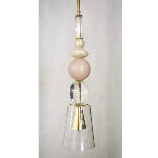 Contemporary Italian Crystal Pink & Gold Cream White Murano Glass Pendant Light