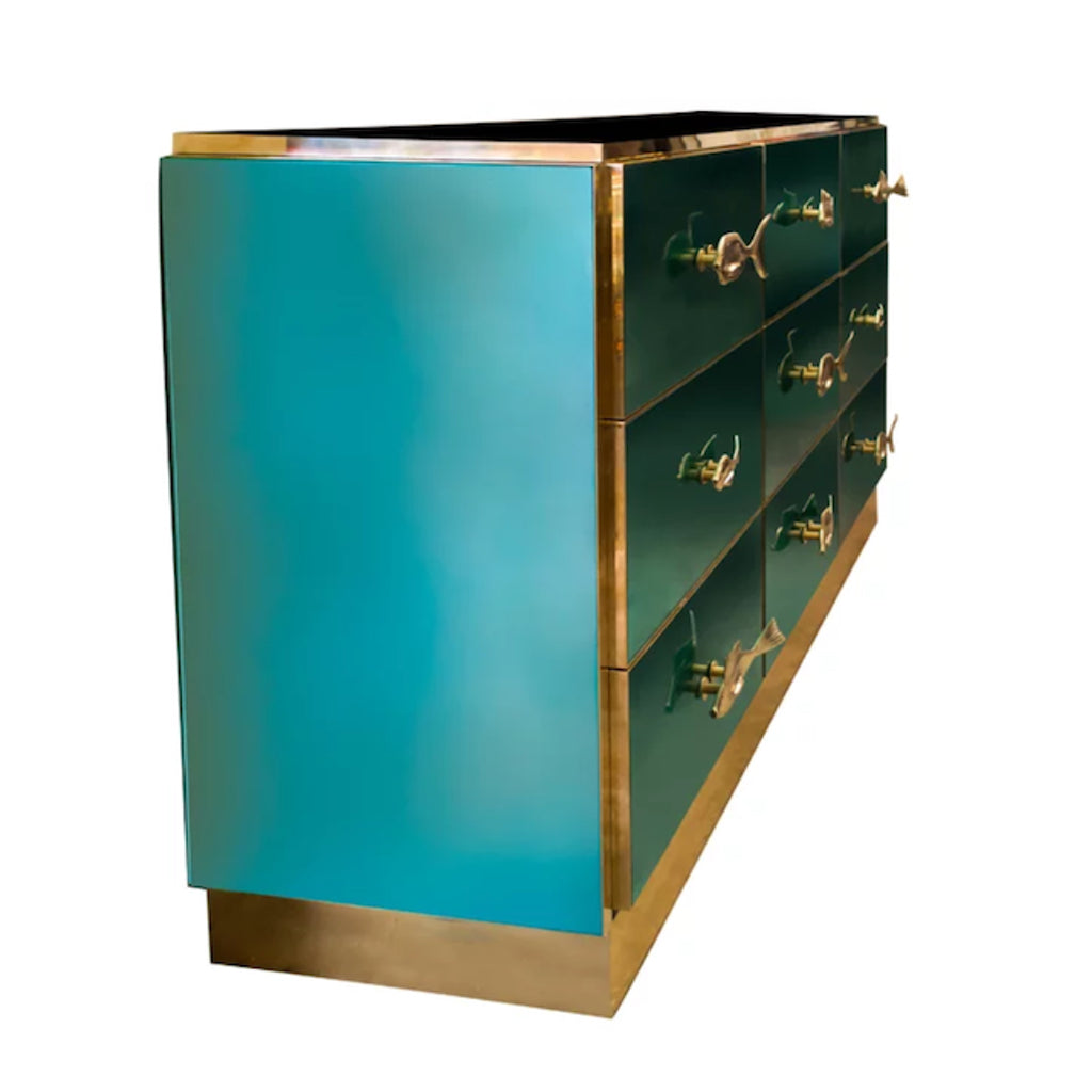 Bespoke Italian Art Design Brass Emerald Green Glass 9-Drawer