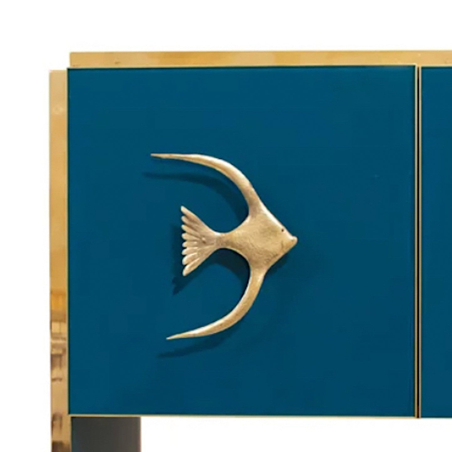 Modern Italian Custom Design Brass Edged & Fish Marine Decor Teal Blue Cabinet