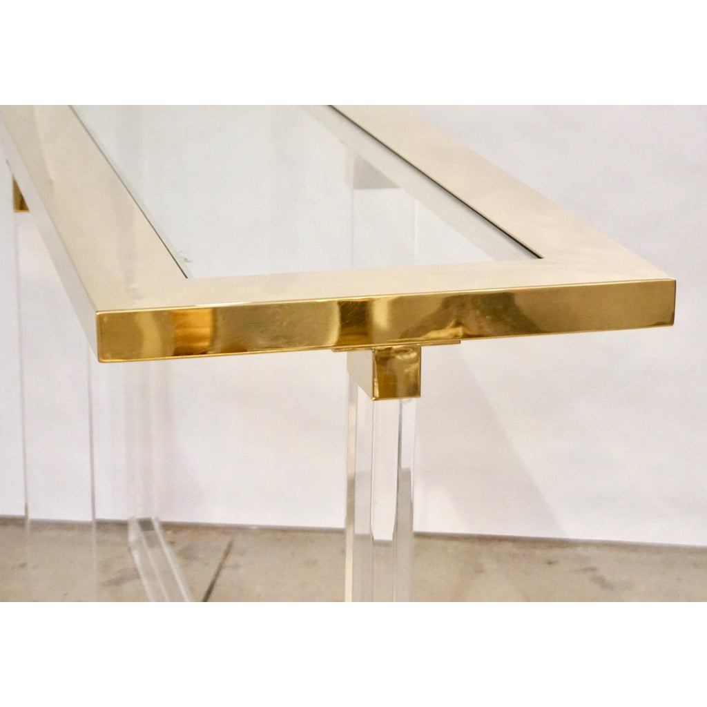 Contemporary Bespoke Modern Geometric Design Clear Lucite and Gold Steel Console