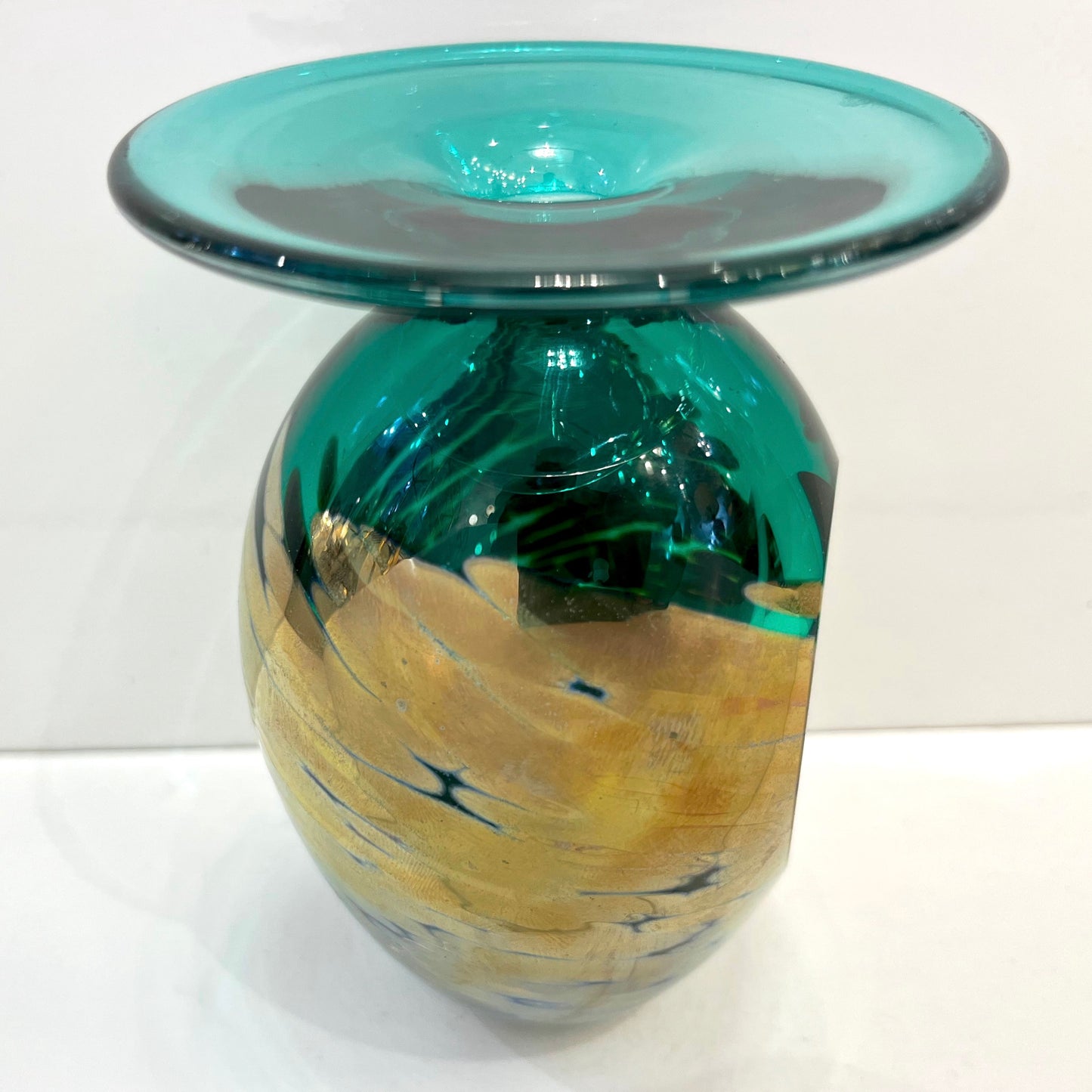 1991 Italian Murano Art Glass Green Gold Sommerso Single Flower Oval Vase