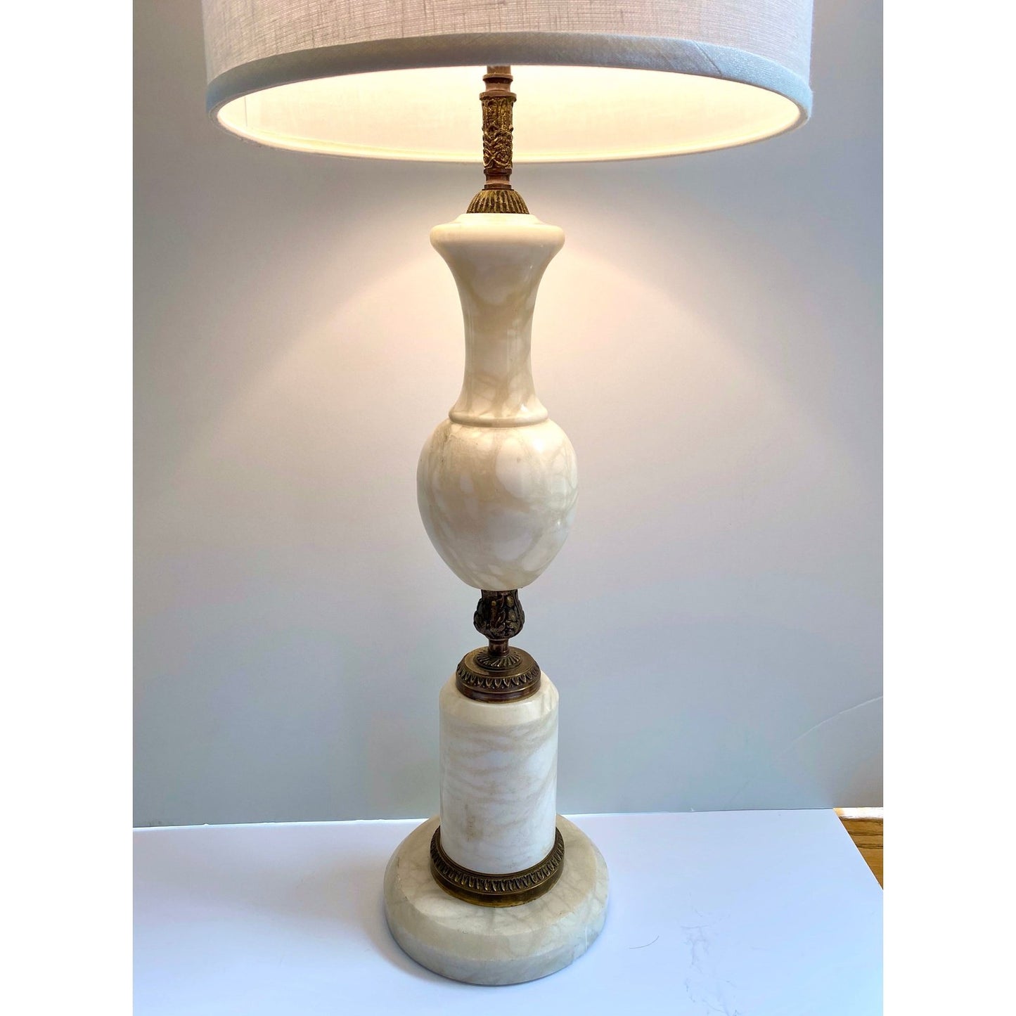 French Antique Art Deco Urn-Shape Chased Bronze White Marble Lamp & Linen Shade