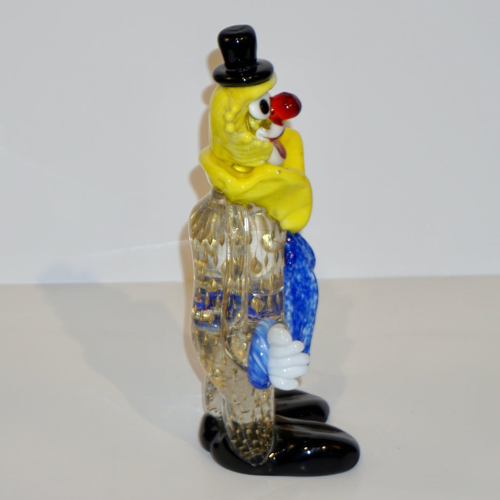 Modern Italian Yellow Black Murano Glass Clown Sculpture with Bottle & Blue Tie