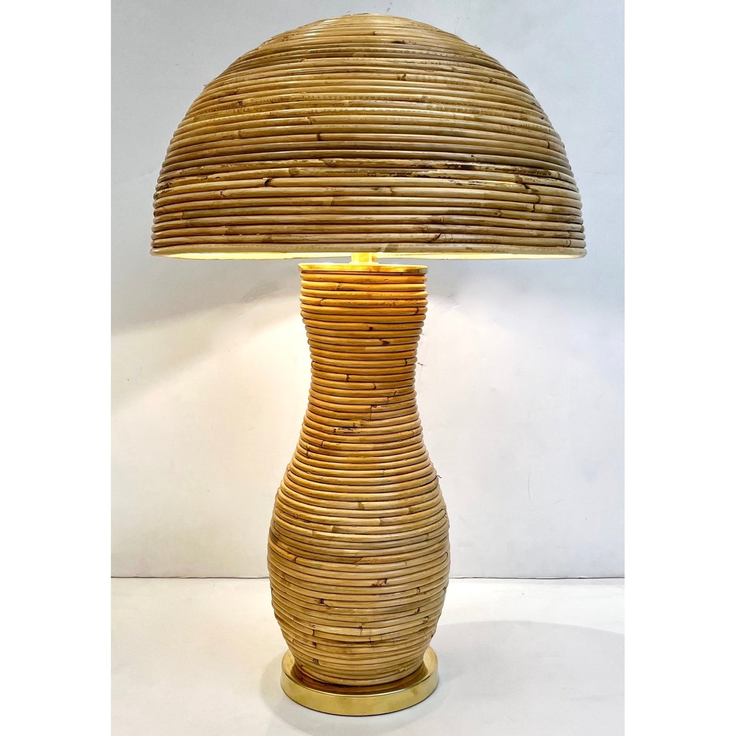 Italian Organic Modern Contemporary Brass & Rattan Mushroom Table/Floor Lamps