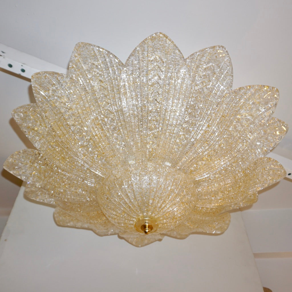 Barovier Toso Style Italian Gold Textured Murano Glass Flower Leaf FlushMount