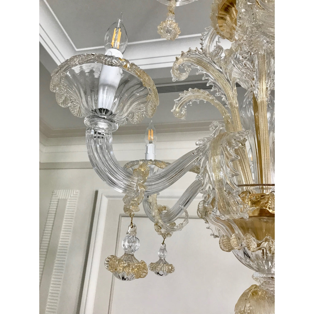 Venetian Baroque Style 9-Light Crystal Pure Gold Murano Glass Modern Chandelier