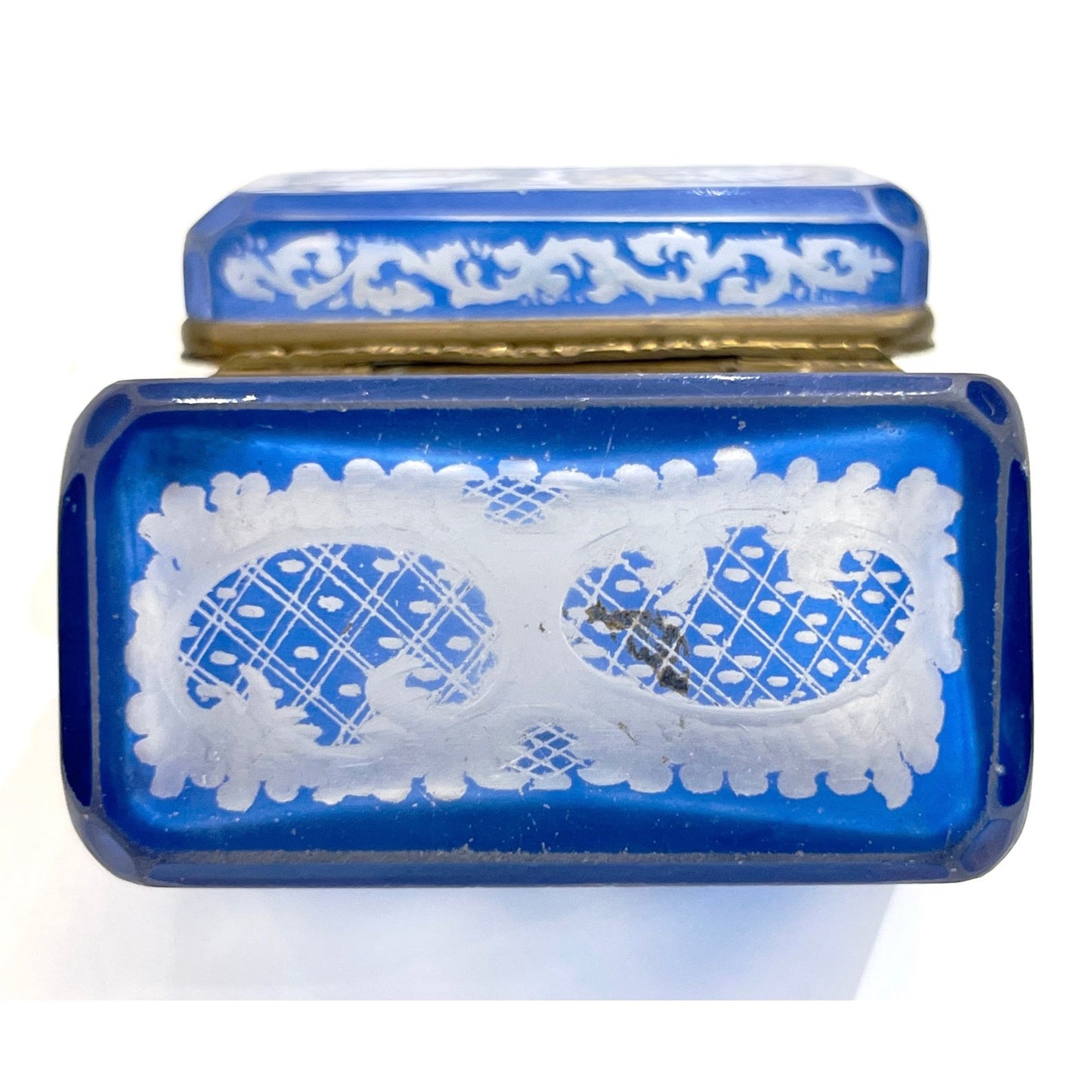 Antique Austrian Sky Blue Bohemian Engraved Cut Crystal Trinket Box with Lid