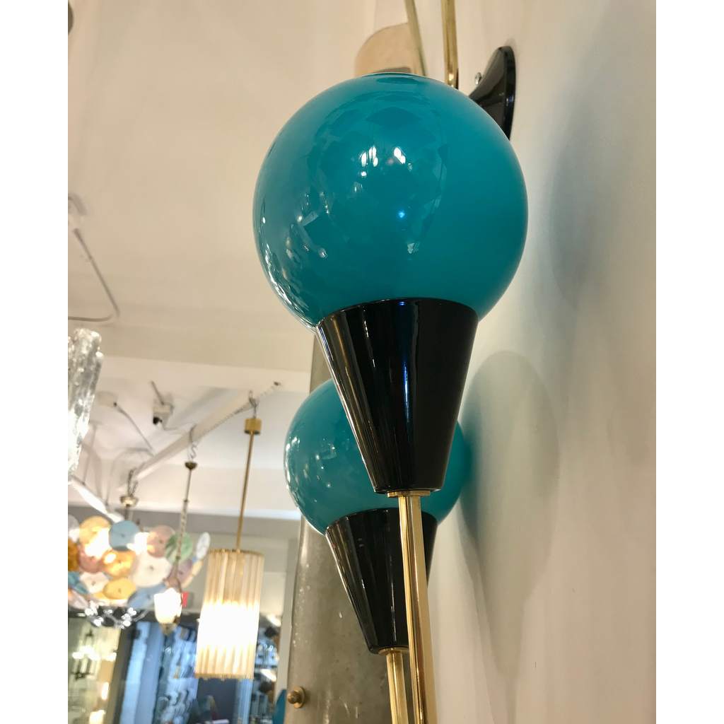 Contemporary Italian Pair of Two Globe Turquoise Blue Murano Glass Brass Sconces