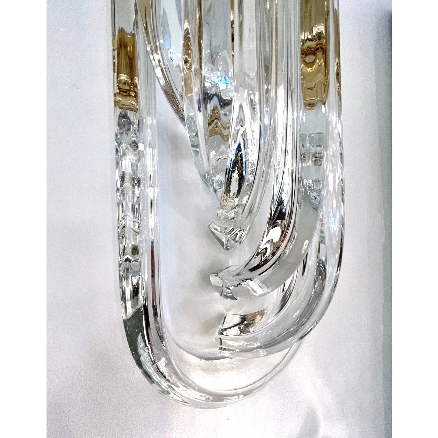 Italian Modern Pair of Translucent Crystal Murano Glass Brass Curved Sconces