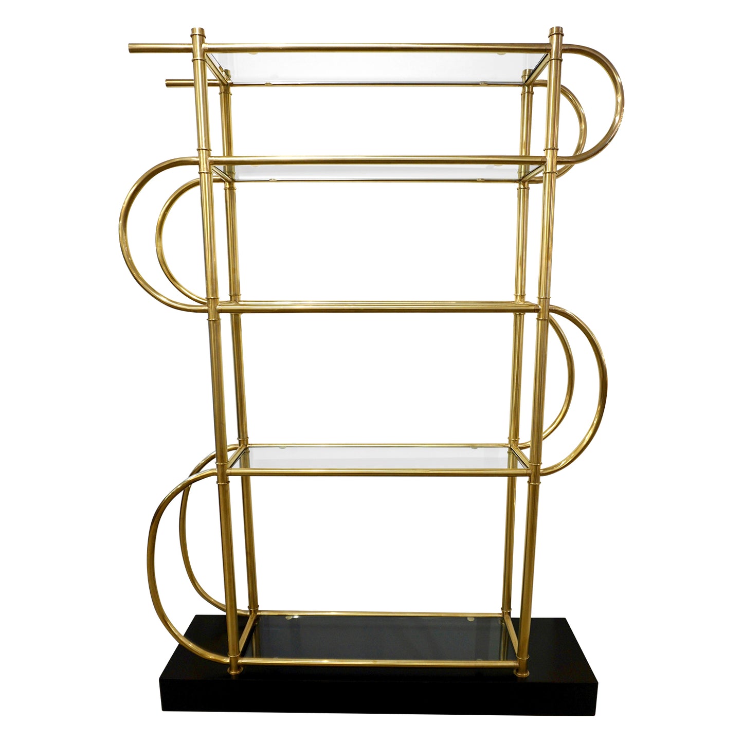 Italian Modern Gold Brass Tubular Shelving Unit Étagère on Black Lacquered Base