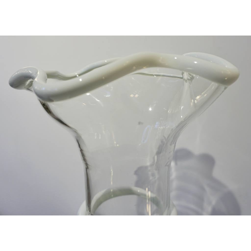 Formia Italian 1970s Vintage White Crystal Clear Murano Glass Tall Flared Vase