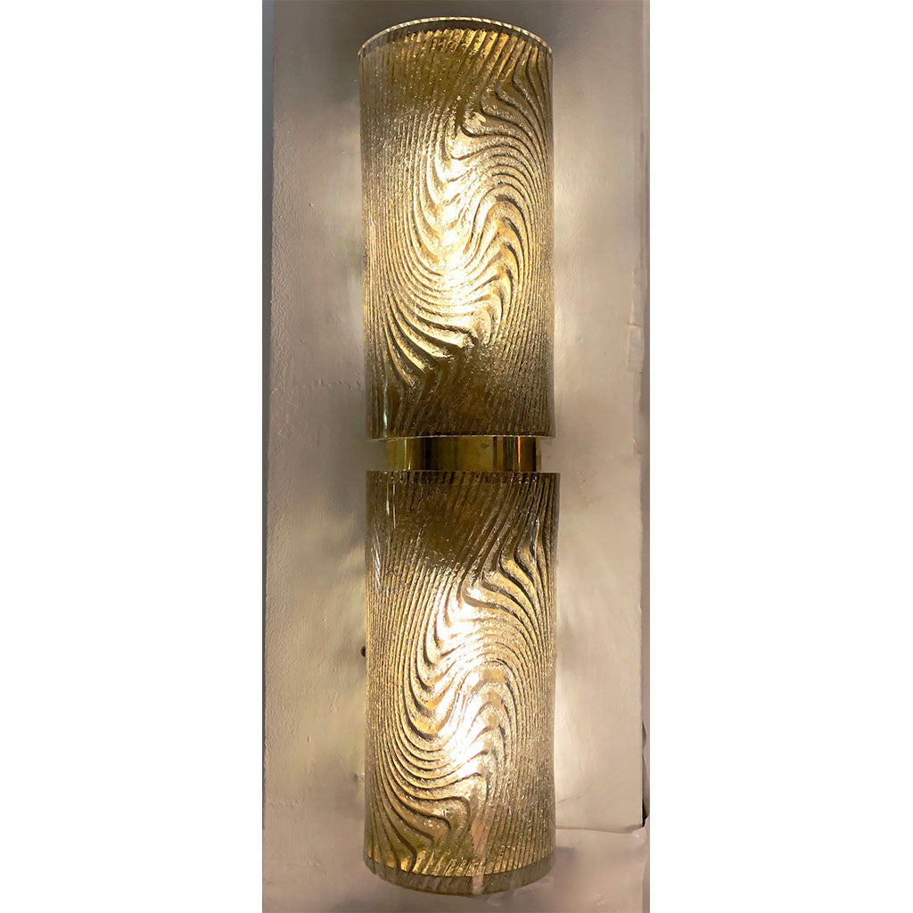 Modern Italian Pair of Smoked Frosted Murano Glass & Brass Wall / Ceiling Lights