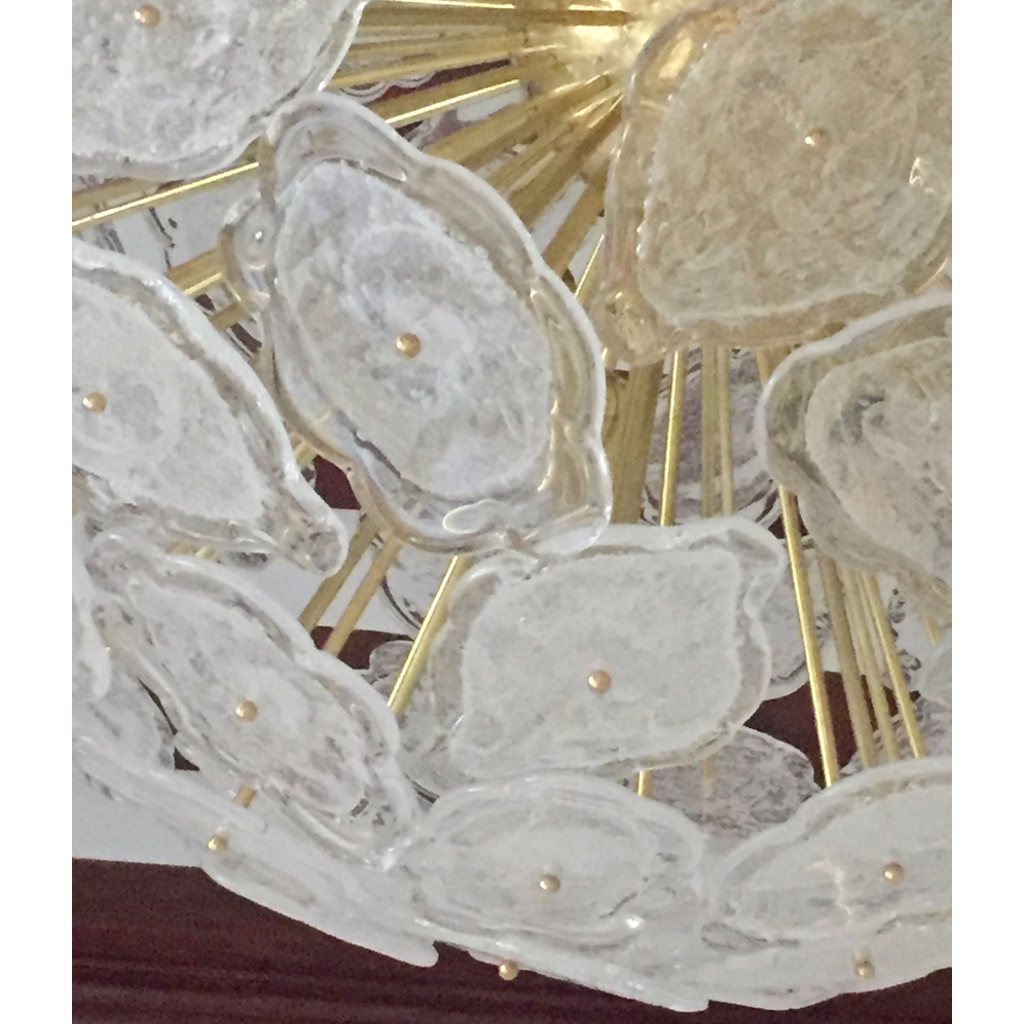 Contemporary Italian Brass & White Frosted Murano Glass Leaf Sputnik Chandelier