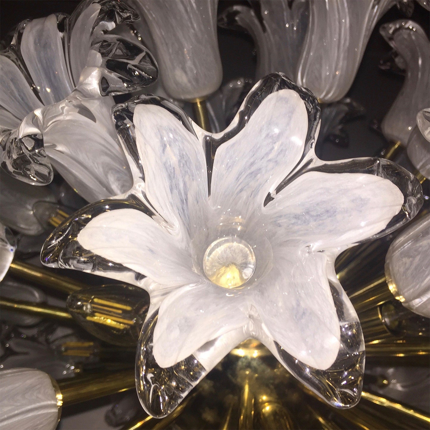 Contemporary Italian White Murano Glass and Brass Sputnik Bud Flower Chandelier
