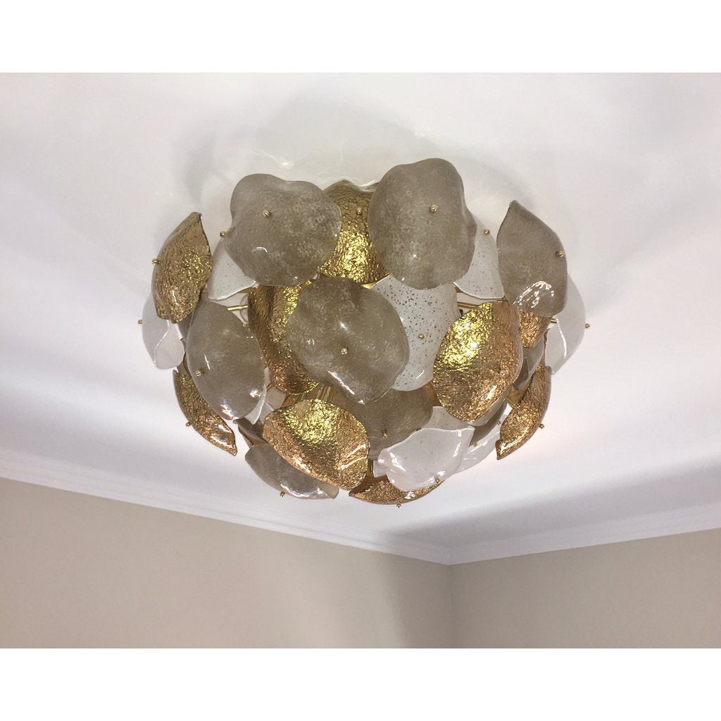 Contemporary Italian Gold White Smoked Scavo Murano Glass Round Leaf Flushmount