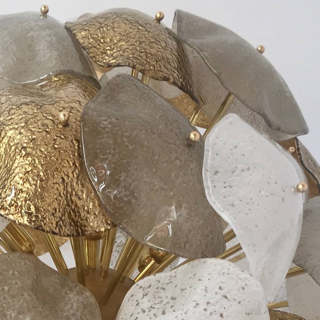 Modernist Italian Gold Silver White Scavo Murano Glass Round Leaf Chandelier
