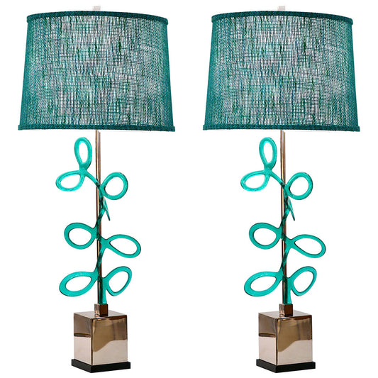Italian Pair of Silver Color Nickel Table Lamps with Aqua Blue Murano Glass Swirls
