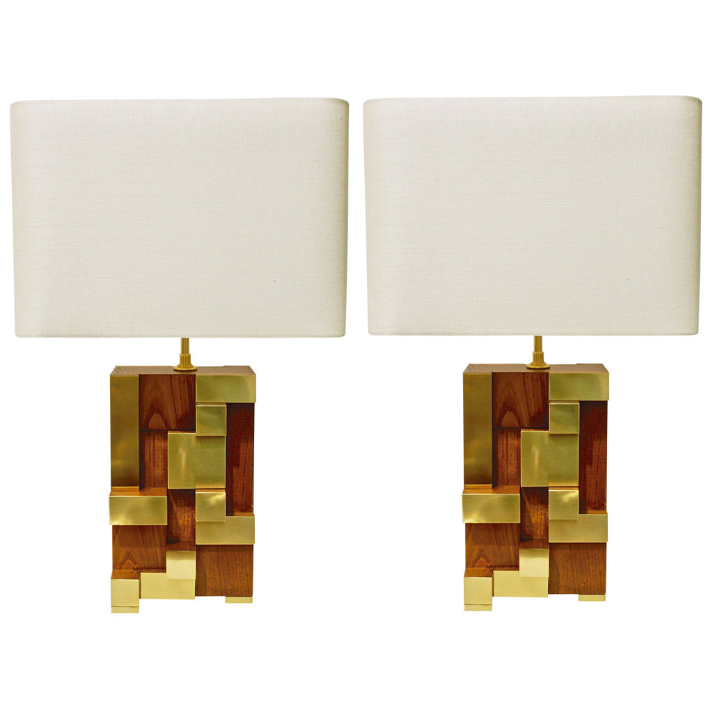 Contemporary Italian Architectural Pair of Stepped Wood and Brass Urban Lamps - Cosulich Interiors & Antiques