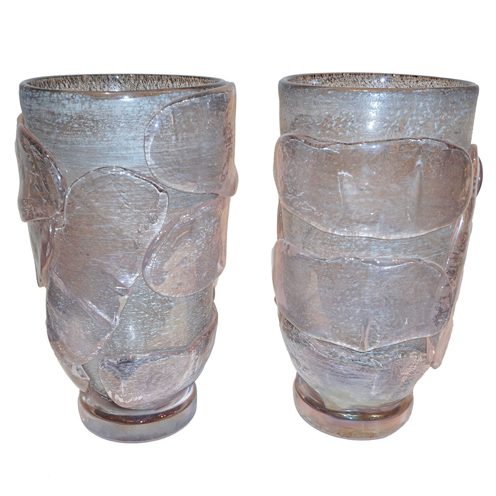 1990s Costantini Italian Pair of Silver Gray Pink Murano Alexandrite Glass Vases