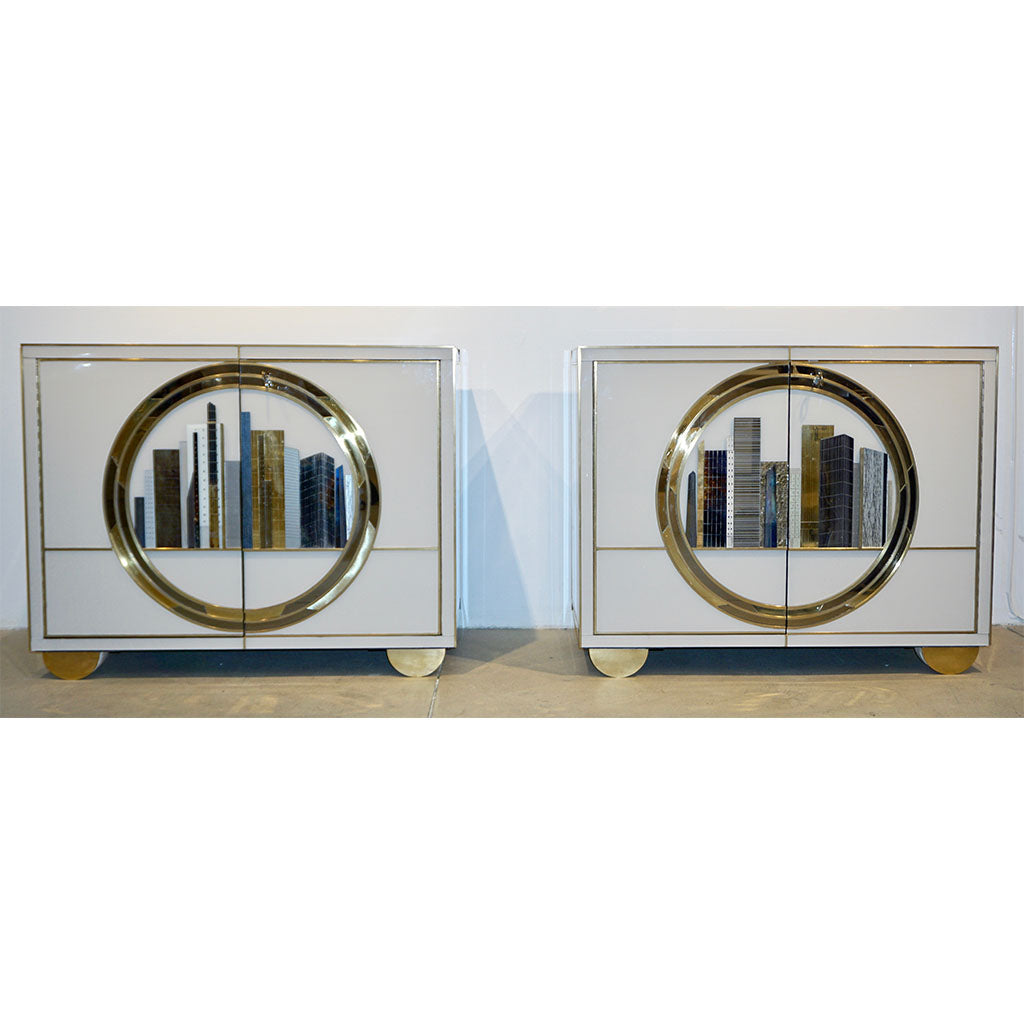 Italian Contemporary Bespoke Ivory Cabinets with New York Blue & Gold Skyline