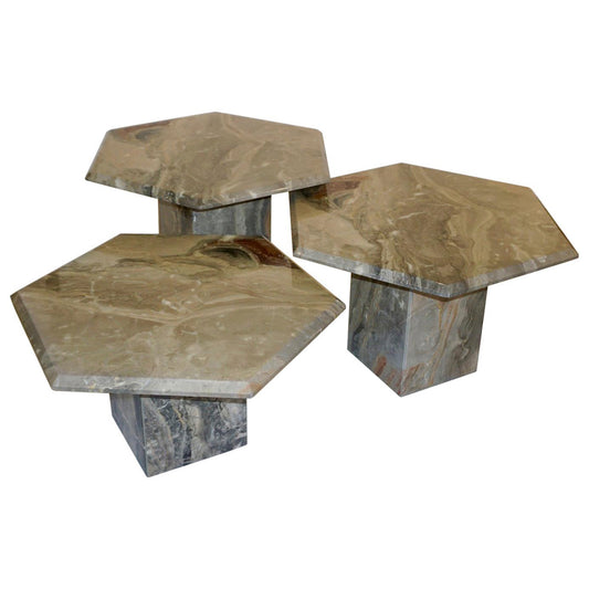 1970s Vintage Italian 3 Geometric White Gray and Red Vein Marble Nesting Tables