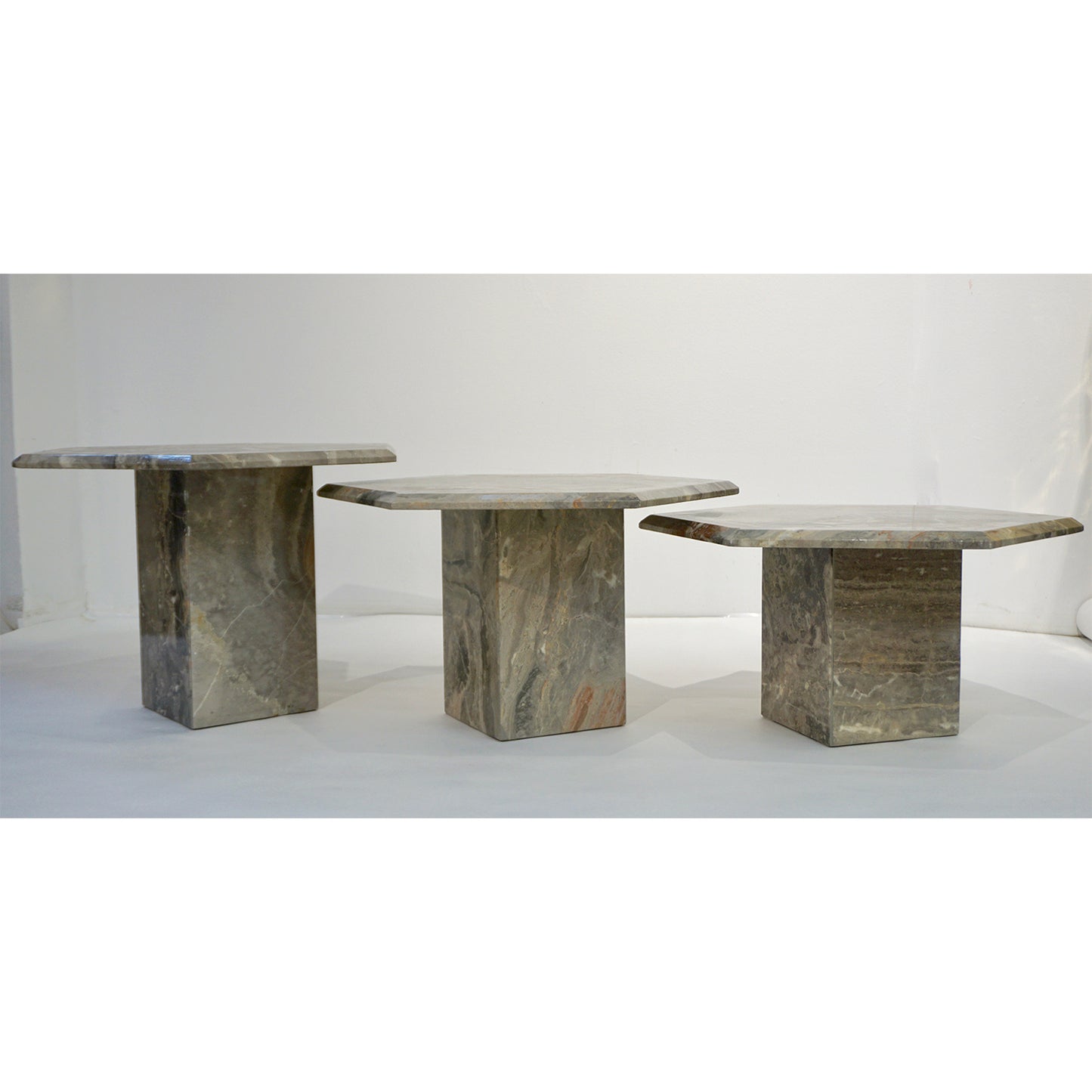 1970s Vintage Italian 3 Geometric White Gray and Red Vein Marble Nesting Tables
