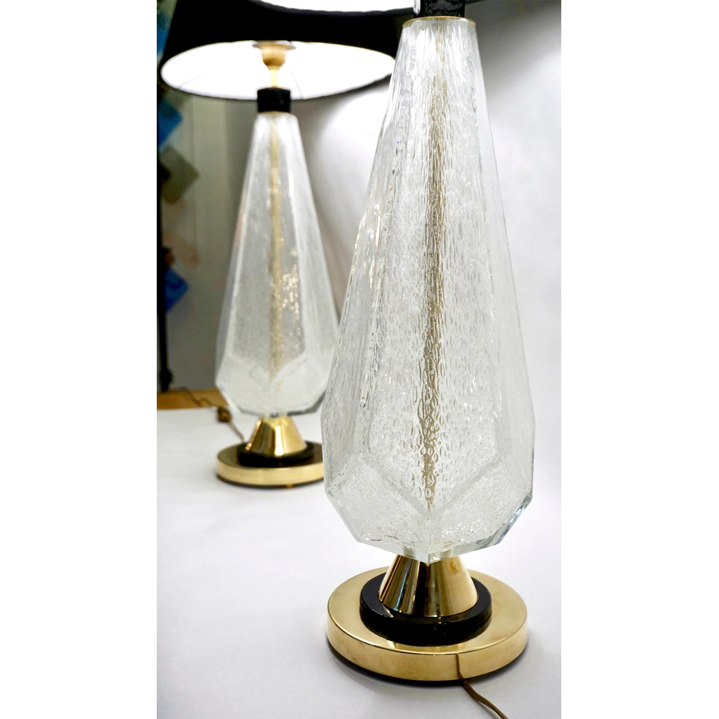 Contemporary Italian Pair of Diamond Cut Black and Crystal Murano Glass Lamps